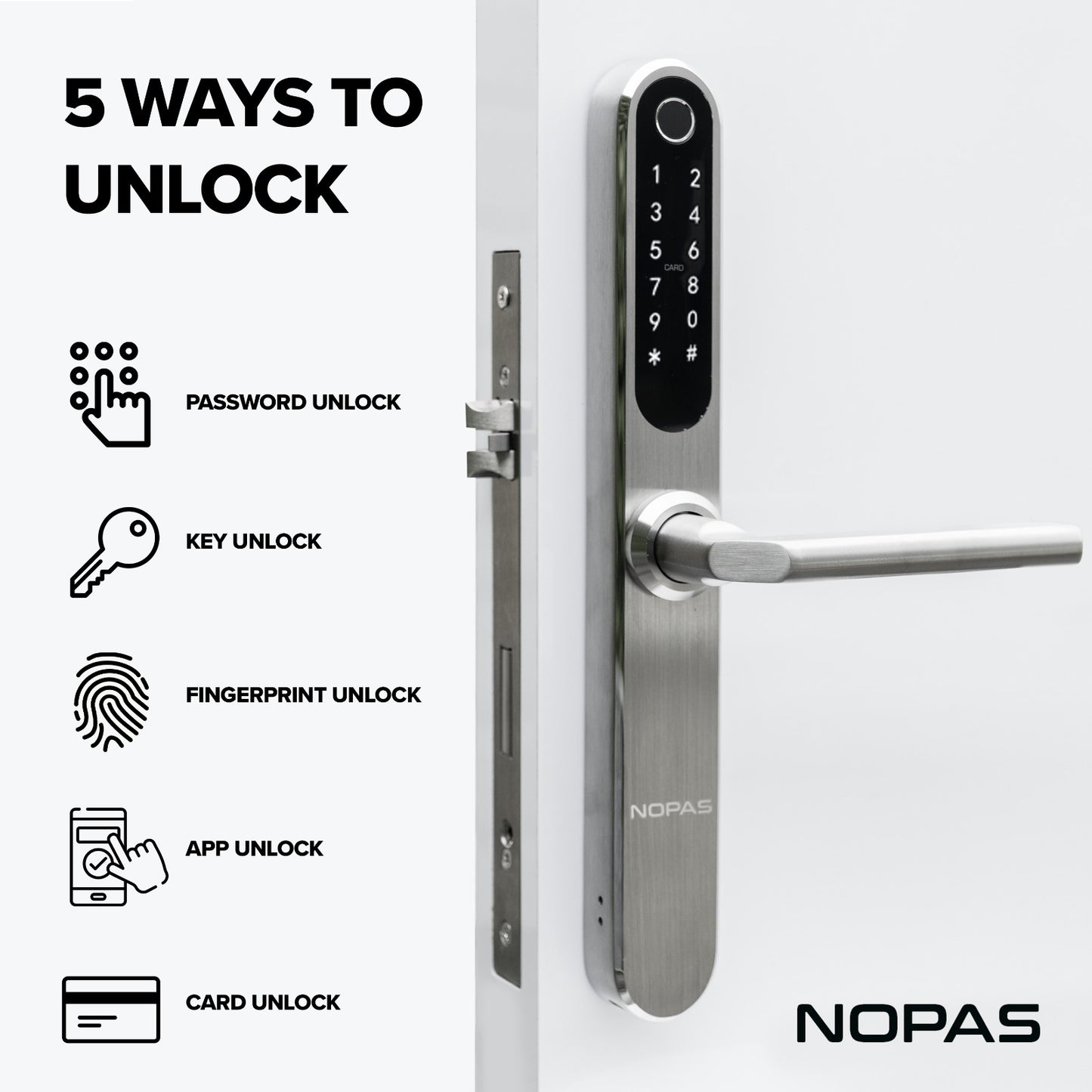 'NEW' NOPAS slimline Silver smart Lock '7 in 1' Features designed for the UK market